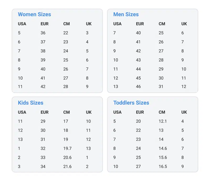 Shoe size conversion charts for men, women and children