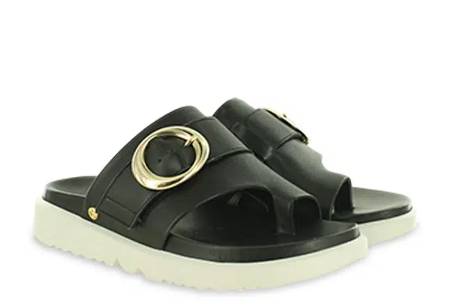 Women’s Revere Biscay Black Leather Toe Post Slide Sandals