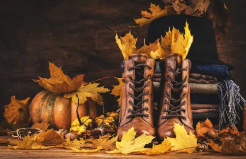 image of boots surrounded by fall leaves and pumkins