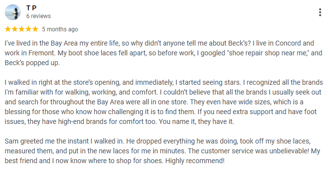 five star google review for becks shoes from tp