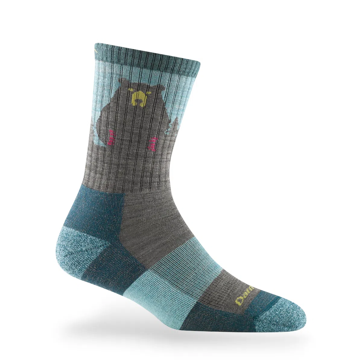 Darn Tough women's light hike micro crew sock aqua with bear pattern merino wool