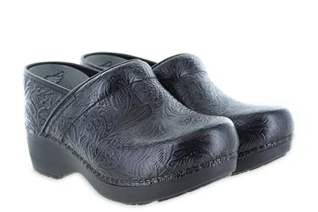 Women’s Dansko XP 2.0 Black Floral Leather Slip-On Clogs