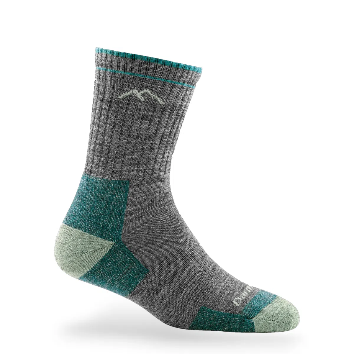 Darn Tough crew hiking sock gray with teal and light green accents merino wool