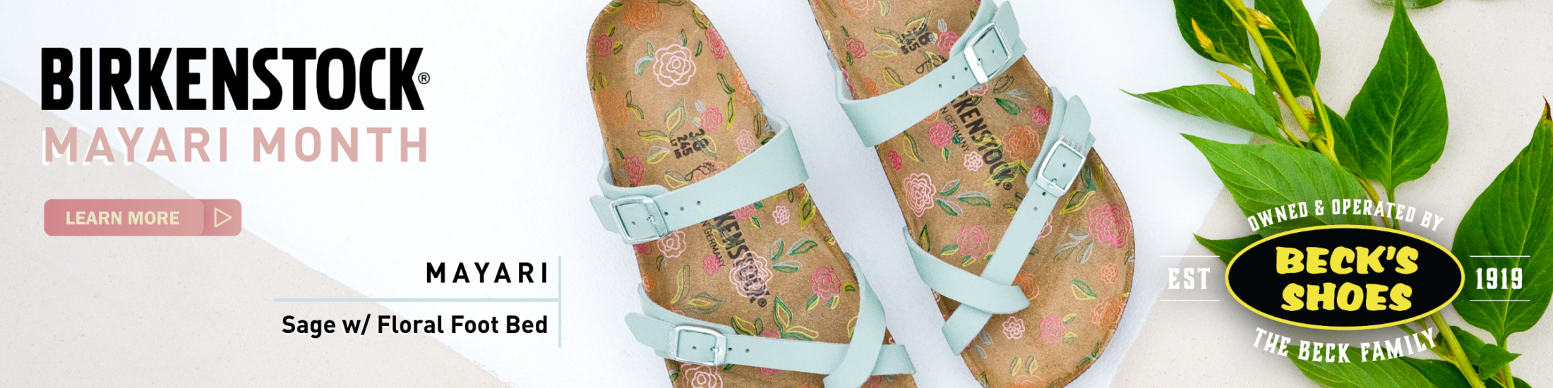 Birkenstock Mayari Sage sandal with floral pattern footbed available at Beck’s Shoes for Mayari Month