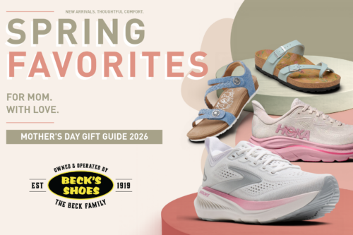 Mother’s Day gift guide graphic from Beck’s Shoes featuring Birkenstock Mayari sandals, Aetrex Jillian sandals, HOKA Clifton 10 sneakers, and Brooks Glycerin 23 running shoes displayed on pastel podiums.
