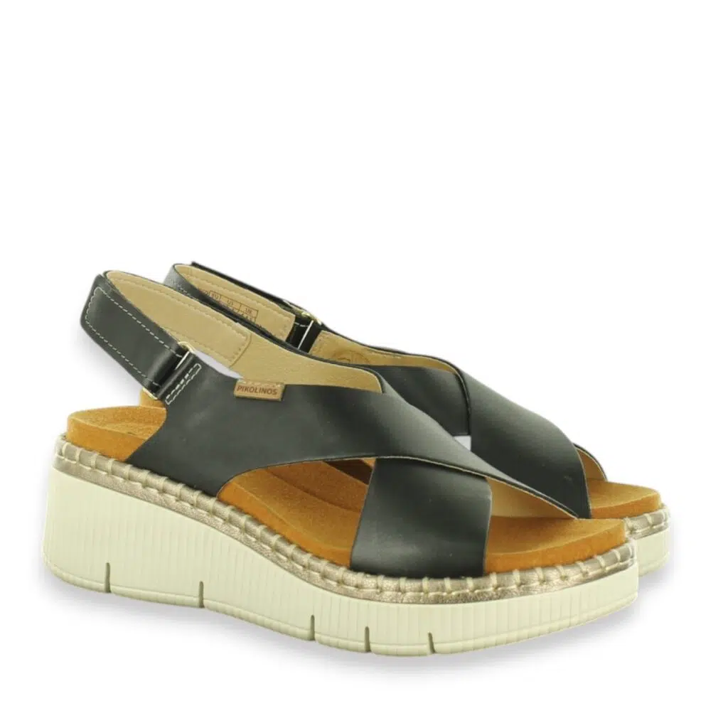 Women’s Pikolinos Gomera Black Leather Wedge Heel Sandals