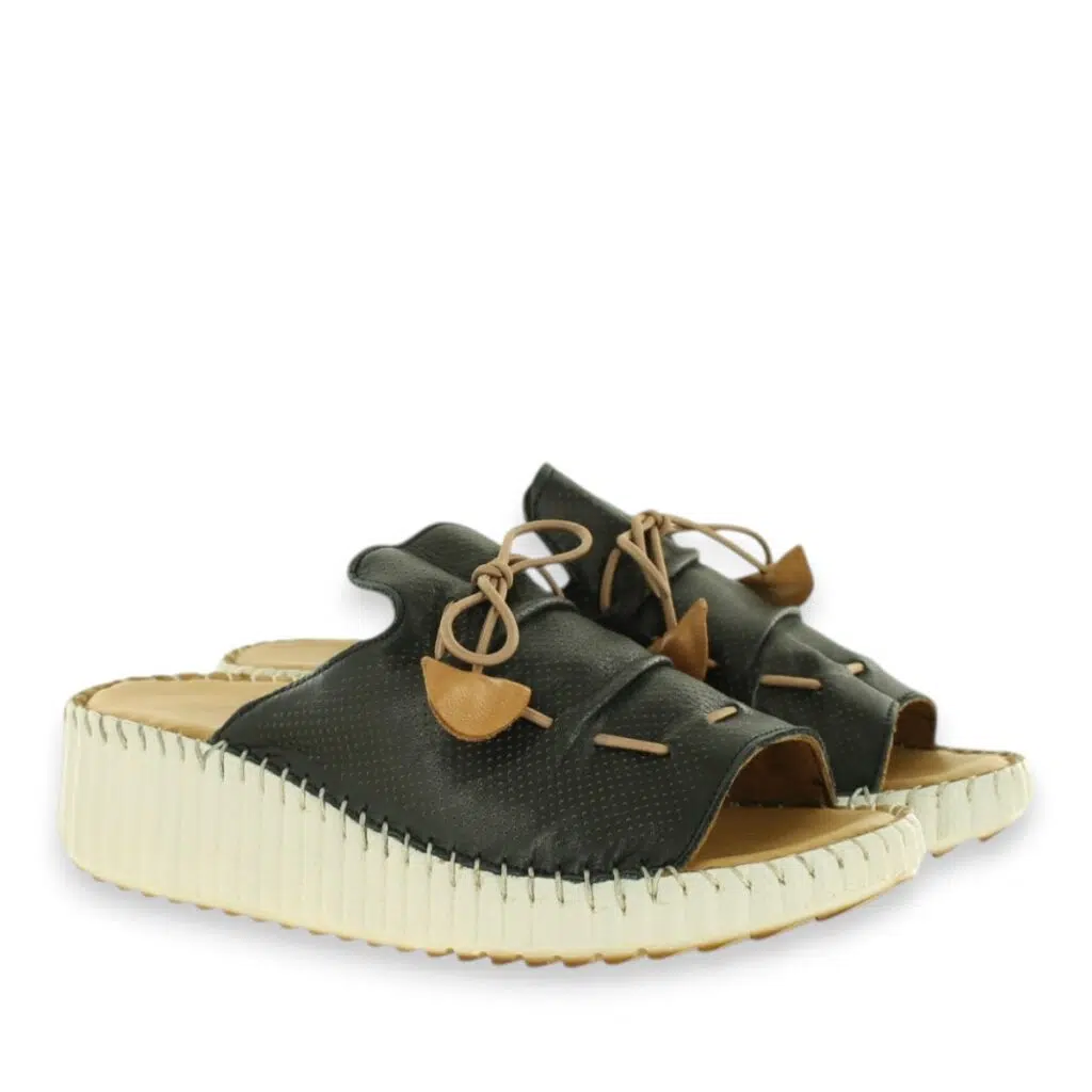 Women’s Spring Step Nevelle Black Leather Slip-On Wedge Sandals