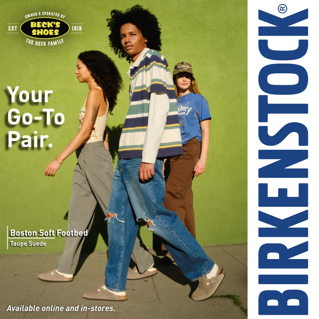 Three models wearing Taupe Birkenstock Boston Soft Footbed clogs.