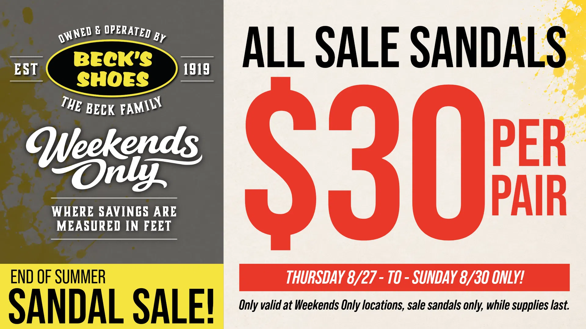 Beck's Shoes "End of Summer Sandal Sale" flyer — all sale sandals $30 per pair, Weekends Only, Thursday 8/27 to Sunday 8/30.