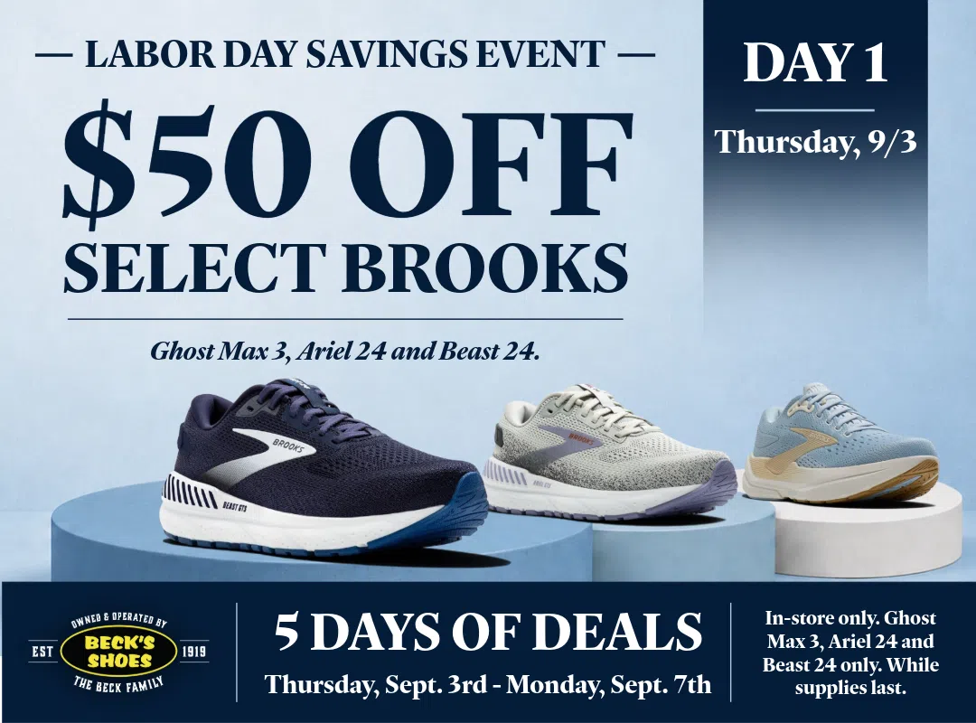 Beck’s Shoes Day 1 Labor Day deal featuring $50 off select Brooks Ghost Max 3, Ariel 24 and Beast 24 styles.