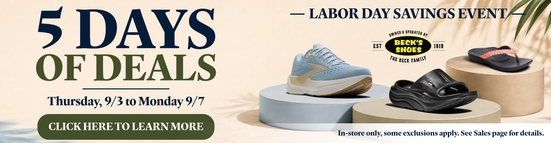 Beck’s Shoes Labor Day Savings Event: 5 Days of Deals, Sept. 3–7, featuring performance, recovery and comfort footwear.