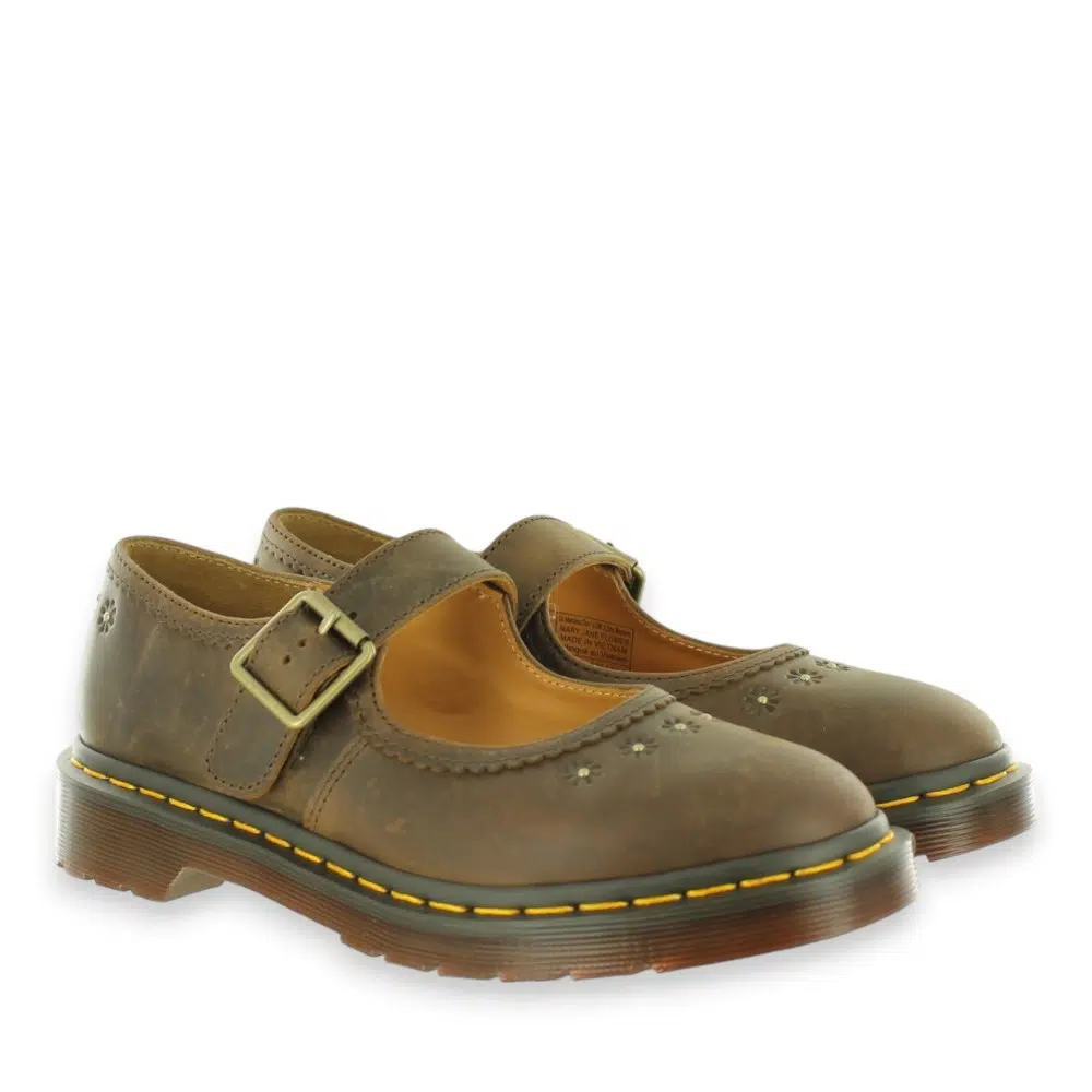 Dr Martens Flower Crazy Horse 42391200 Brown Mary Jane Shoes Pair