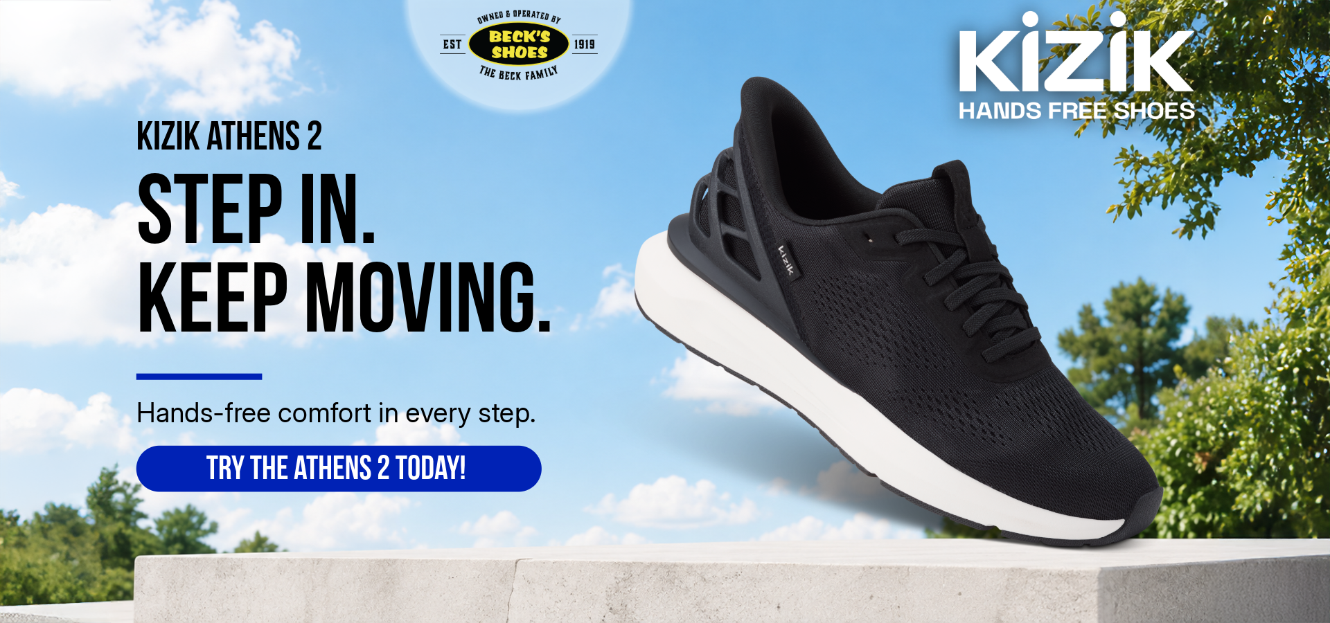 Black Kizik Athens 2 hands-free shoe beside the words “Step in. Keep moving.” against a blue sky.